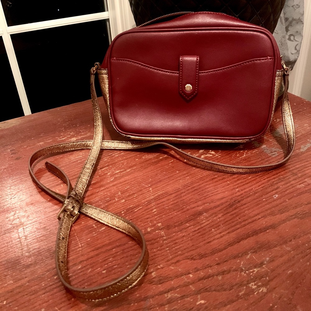 Genuine Leather Maroon w Gold Straps Crossbody Bag